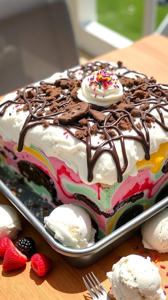 Delicious 9x13 Ice Cream Dessert Recipes A colorful 9x13 ice cream dessert with layers of ice cream, cookies, and toppings, ready to serve.